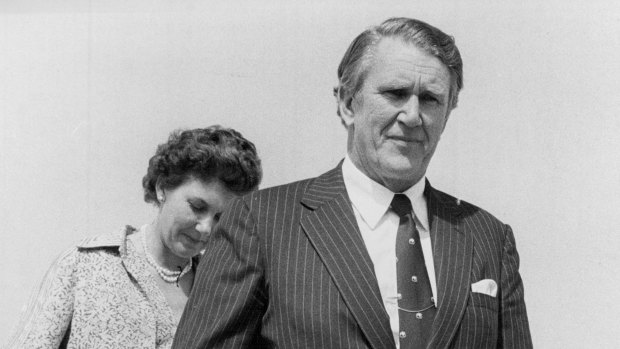 Prime Minister Mr. Malcolm Fraser and Mrs. Fraser arrive back at Fairbairn R.A.A.F. base after their overseas trip, February 12, 1980.