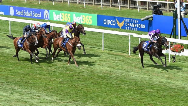 Impressive: US Navy Flag (right) wins the Darley July Cup Stakes at Newmarket.