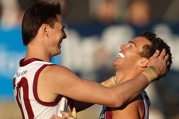 Cam Rayner and Eric Hipwood celebrate against the Giants.