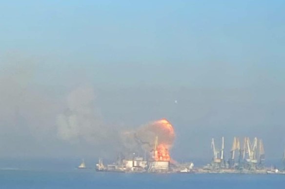 Ukrainian forces claim to have destroyed a Russian war supply ship in Berdyansk, near Mariupol. 