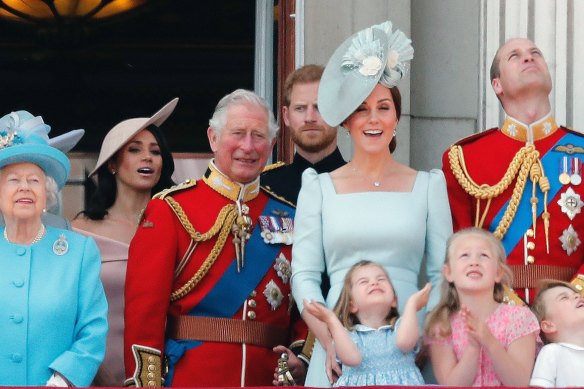 Queen Elizabeth, Meghan Duchess of Sussex, Prince Charles, Prince Harry, Kate Duchess of Cambridge and Prince William attend the annual Trooping the Colour Ceremony in London in June 2018.