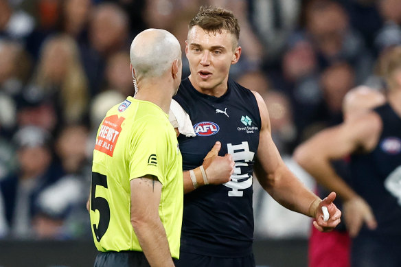 Carlton captain Patrick Cripps had a word with the umpire earlier this season.