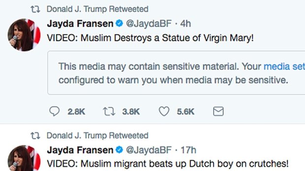 This screenshot from President Donald Trump's Twitter account shows retweets that he posted last November from the account of Jayda Fransen.