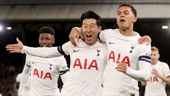Son Heung-Min and Tottenham celebrate after Spurs’ second goal against Crystal Palace.