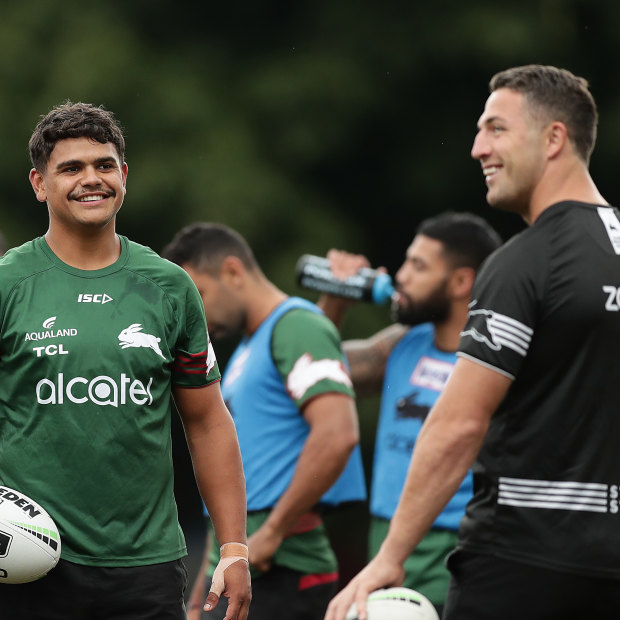 Latrell Mitchell and Sam Burgess at training during a happier time early in the season last year.