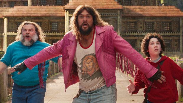 Jack Black as Steve, Jason Momoa as Garrett and Sebastian Hansen as Henry in A Minecraft Movie.
