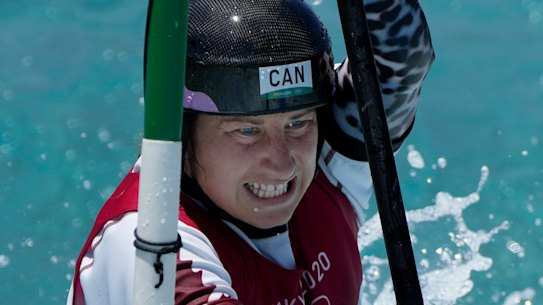 Haley Daniels of Canada trains for the women’s C1 event during a training session at the Kasai Canoe Slalom Centre at the 2020 Summer Olympics in Tokyo last week.