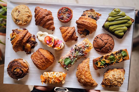 Pastries at Core Roasters include pandan kaya croissant toast and mushroom rendang hand pie.