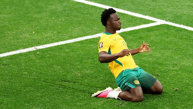  Nestory Irankunda #17 of Australia celebrates scoring his team's first goal 