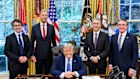 Incoming Rio Tinto chief executive Simon Trott (left), outgoing CEO Jakob Stausholm, US President Donald Trump, BHP chief executive Mike Henry and Secretary of the Interior Doug Burgum in the Oval Office in August, 2025.
