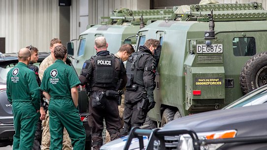 Police are seen at the Christchurch District Court precinct for the arrival of gunman Brenton Tarrant on charges of murder following the mass shootings at the Masjid Al Noor mosque, in Christchurch, New Zealand.