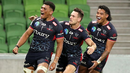 MELBOURNE, AUSTRALIA - MARCH 25: Vaiolini Ekuasi of the Rebels celebrates during the round five Super Rugby Pacific match between Melbourne Rebels and Queensland Reds at AAMI Park, on March 25, 2023, in Melbourne, Australia. (Photo by Kelly Defina/Getty Images)