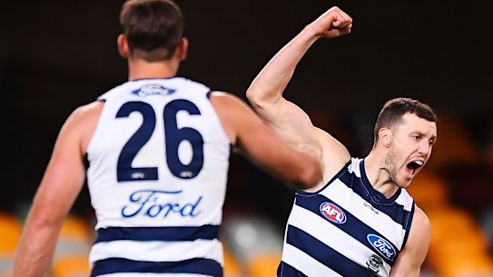 Geelong's Sam Menegola celebrates a goal this year. 