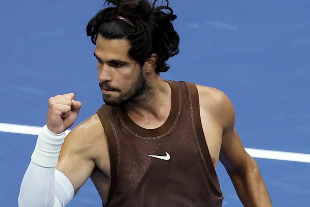 Carlos Alcaraz plays Roman Safiullin on Day Two of the 2026 US Open at USTA Billie Jean King National Tennis Center on August 31, 2026 in New York City.