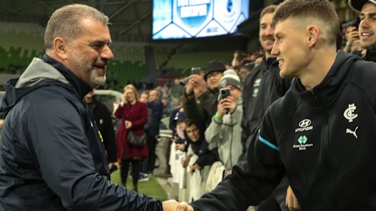 Carlton players, including star midfielder Sam Walsh, meet Ange Postecoglou.