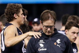 David Teague is consoled by Charlie Curnow during the Bluesâ€™ clash with GWS on Saturday night.