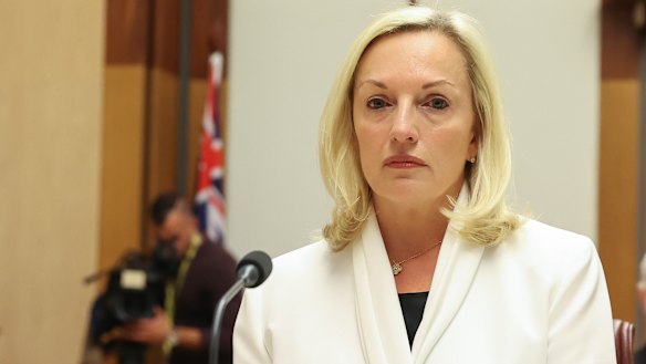 Christine Holgate addresses a hearing at Parliament in April.