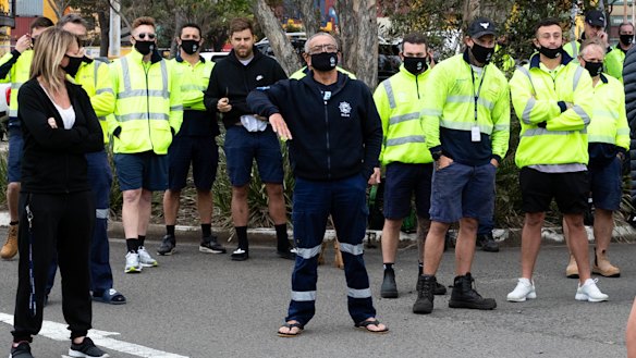 Wharfies during a stop work meeting in Port Botany.