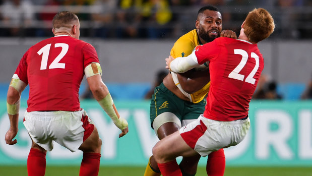 Samu Kerevi was thoroughly unlucky to be penalised for this run during the Wallabies' loss to Wales.
