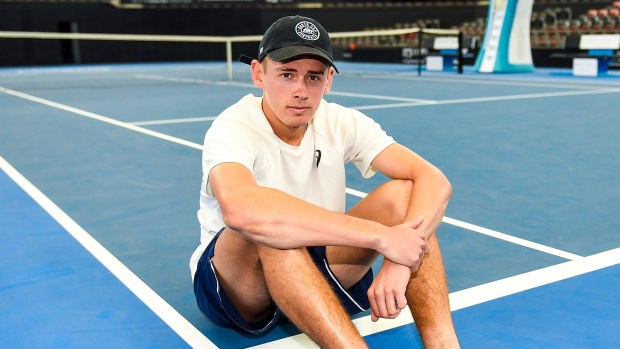 Just the beginning: Alex de Minaur poses at Pat Rafter Arena in Brisbane. The teenager is set to continue his meteoric rise under the tutelage of Lleyton Hewitt. 