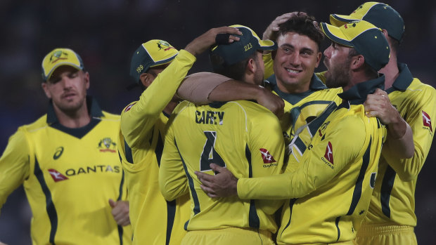 Australia celebrates the dismissal of India's captain Virat Kohli during the final ODI in India.