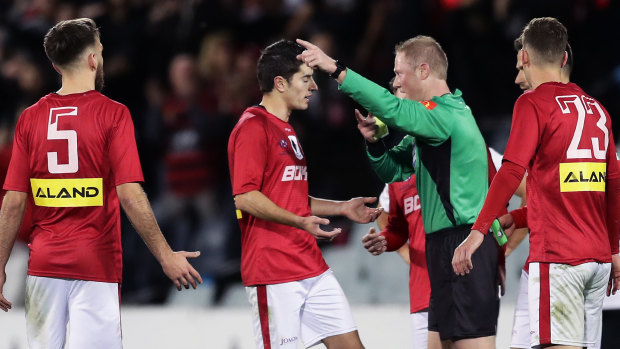 Sydney United finished a man down after Yianni Perkatis was handed a red card. 
