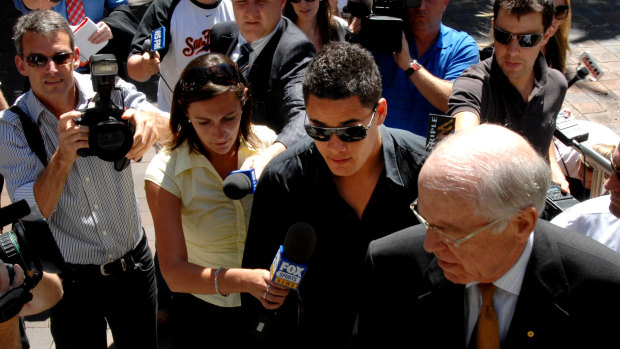Drama: Hayne arrives at Kings Cross police station with his lawyer in Sydney in 2008. Hayne and fellow players Junior Paulo and Weller Hauraki gave statements about a shooting attack.