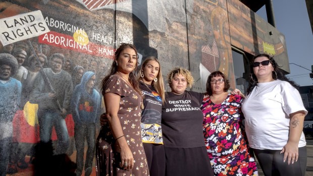 Former Greens MP Lidia Thorpe with Members of the Warriors of Aboriginal Resistance (L-R) Apryl Day, Tarneen Onus-Williams, Crystal McKinnon and Rosie Kalina.