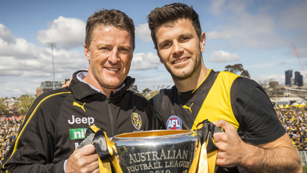 Damien Hardwick and Trent Cotchin with the 2019 premiership cup.