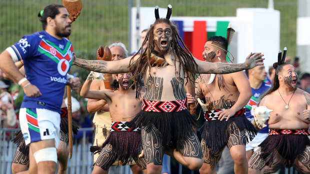 Tohu Harris leads the Warriors out to a raucous reception.