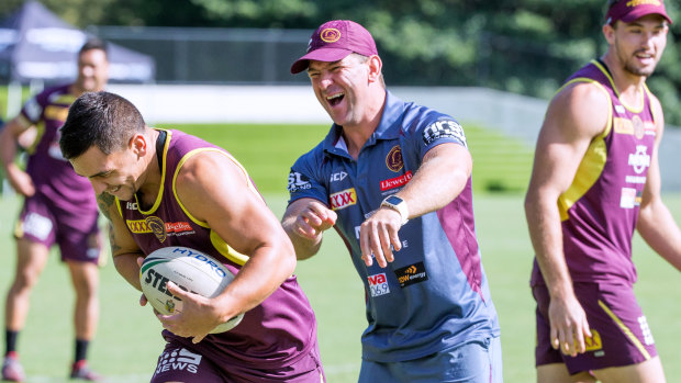Surplus to requirements: Then assistant coach Jason Demetriou with Kodi Nikorima at training earlier this year.