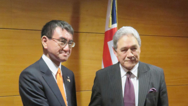 Japan's Foreign Minister Taro Kono, left,  with his counterpart Winston Peters in Wellington on Monday.