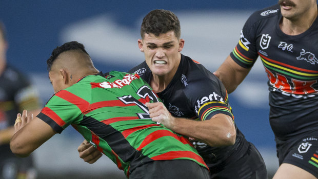 Solid outing: Nathan Cleary tackles Tom Amone at ANZ Stadium.