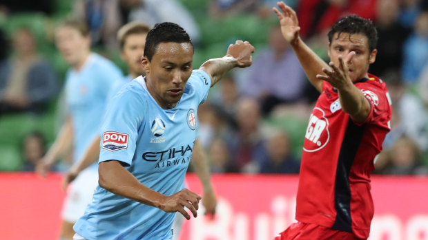 Kearyn Baccus in action for Melbourne City during the Round 25 A-League match against Adelaide United at AAMI Park.