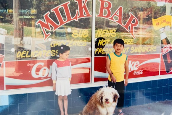 Sophea Heng and her brother outside the family’s Montmorency milk bar in 1988.