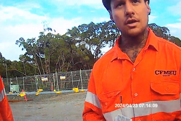 Body camera footage of CFMEU organizer Hayden Turner-Davey allegedly breaking into the Centenary Bridge construction site in April 2024. 