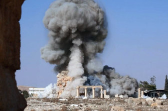An Islamic State-released photo showing the destruction of Palmyra’s 1900-year-old Baalshamin temple.