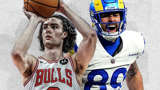 Josh Giddey of the NBA’s Chicago Bulls and NFL player Tyler Higbee of the Los Angeles Rams. Both sports leagues are coming to Melbourne.