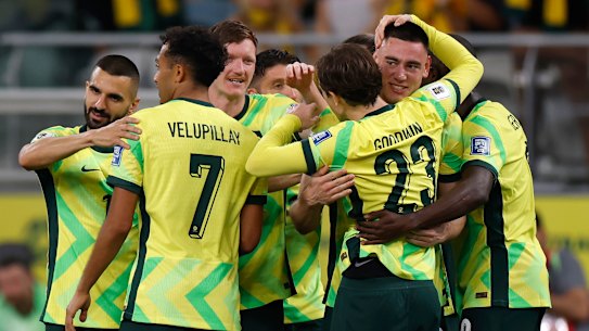 SYDNEY, AUSTRALIA - MARCH 20: Lewis Miller of Australia celebrates a goal during the round three FIFA 2026 World Cup AFC Asian Qualifier match between Australia Socceroos and Indonesia at Allianz Stadium on March 20, 2025 in Sydney, Australia. (Photo by Darrian Traynor/Getty Images)