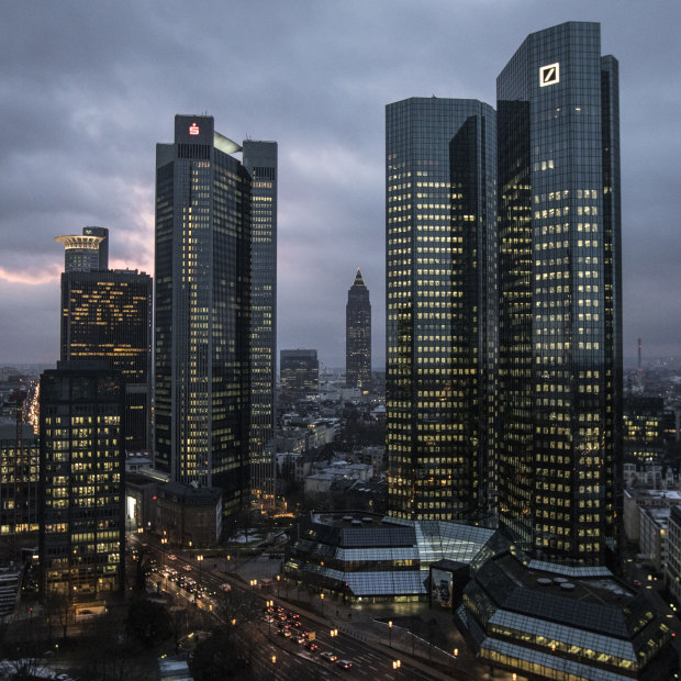 The twin tower skyscraper headquartes of Deutsche Bank (right) in Frankfurt. The bank has sought to distance itself from President Trump since his election in 2016.