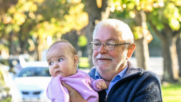 Michael Coates and his grand daughter at school drop off time on Tuesday morning near Caulfield Grammar in Glen Iris. 