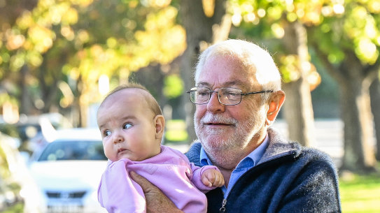 Michael Coates and his grand daughter at school drop off time on Tuesday morning near Caulfield Grammar in Glen Iris. 
