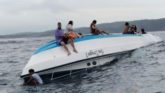 Klungkung District Police released this image of the capsized boat in the waters off Nusa Penida.