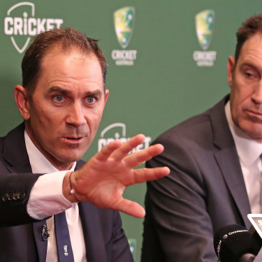 Australian coach Justin Langer, left, with Cricket Australia CEO James Sutherland.
