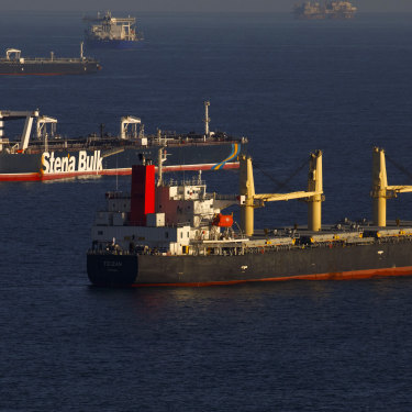 Oil tankers are seen anchored in the Pacific Ocean carrying crude oil no one will buy.