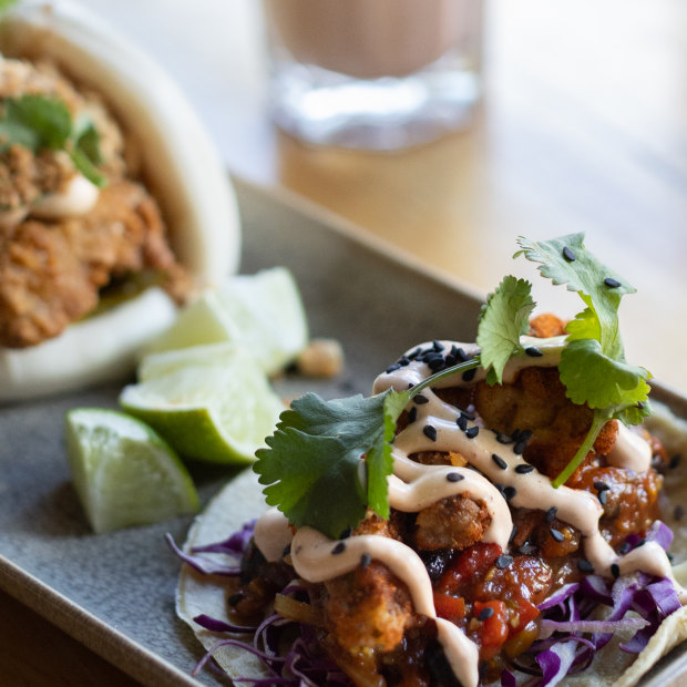 “Chicken” bao and mushroom  taco at Vegie Bar