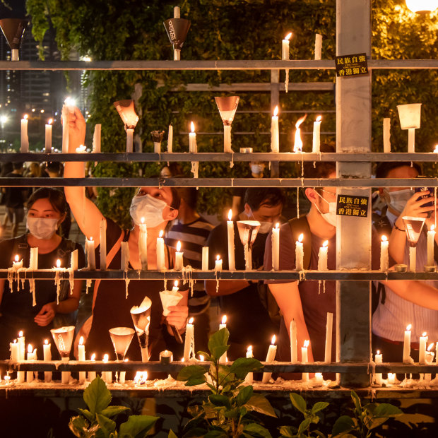 Candles are lit on June 4, 2020, in Hong Kong to commemorate the 31st anniversary of the Tiananmen Square crackdown.