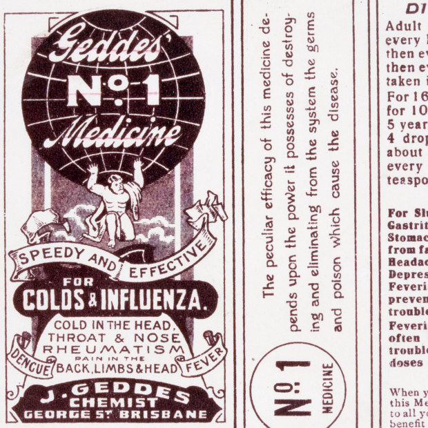 Geddes cold medicine label, prominent during the 1919 Spanish Flu outbreak in Brisbane.