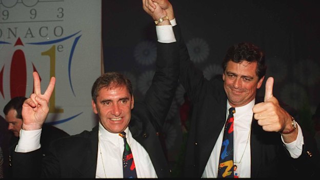 John Fahey and Rod McGeogh celebrate in Monaco as Sydney is announced as the winner in 1993