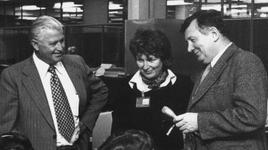 Fell with (from left) J.P. Robertson, General Manager of the NSW Totalisator Agency Board and Norman May in 1984 while making the TV show, The Needy and The Greedy.
